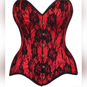 Top Drawer Red Satin w/Black Lace Overlay Steel Boned Overbust Corset